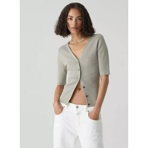 Closed Stone Gray Ribbed Knit V-Neck Front Button Short Sleeve Cardigan Top XXS